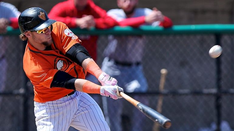 Cody Puckett of the Long Island Ducks drives a shot...