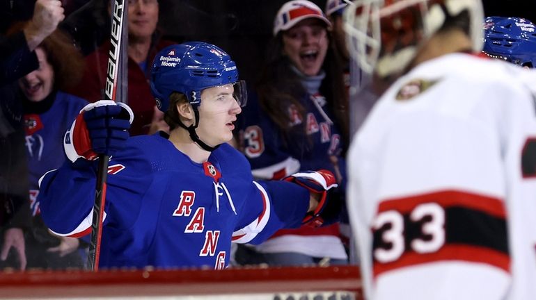 Rangers right wing Vitali Kravtsov (74) celebrates his goal against...