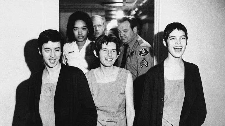 Three women co-defendants in the Sharon Tate murder case, from...