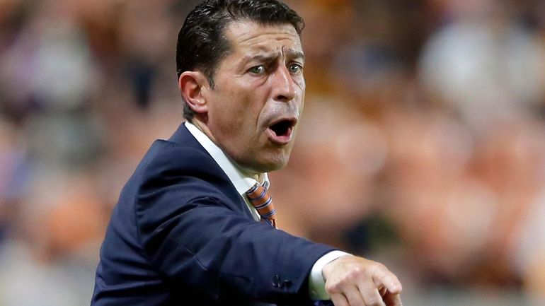 FILE — Houston Dynamo head coach Tab Ramos gestures during...