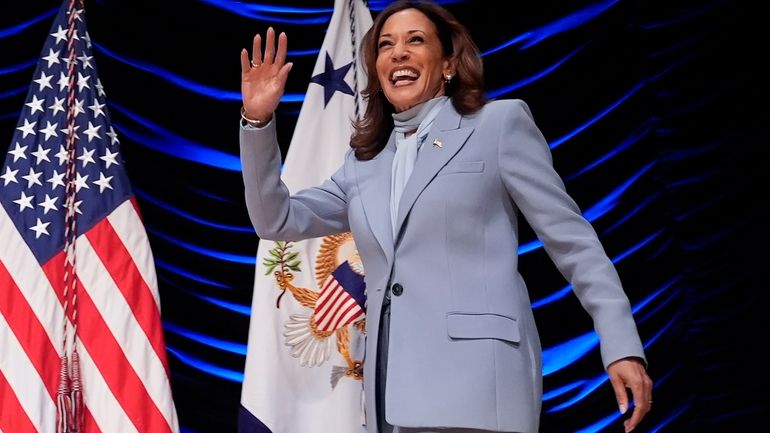 Democratic presidential nominee Vice President Kamala Harris arrives to speak...