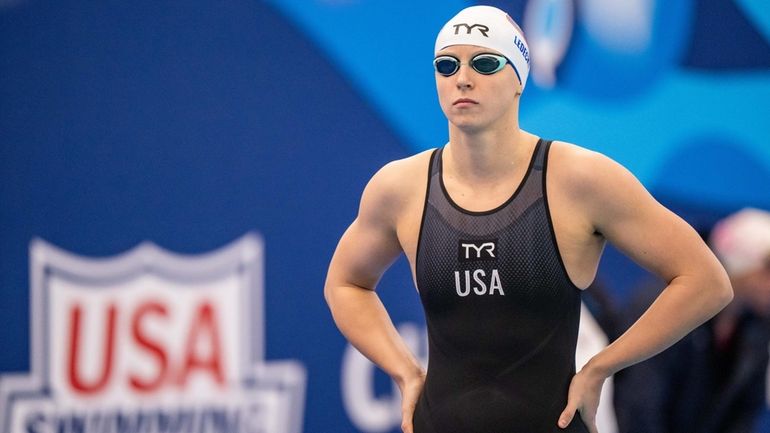 Katie Ledecky looks on before the Women's 400 Meter Freestyle...