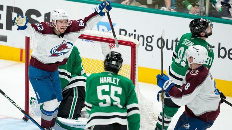 Colorado Avalanche left wing Artturi Lehkonen (62) reacts after teammate...