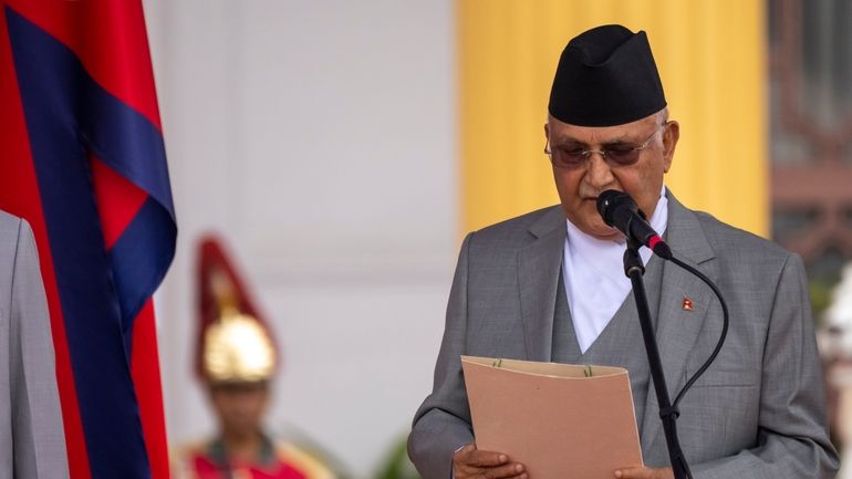 Newly elected Prime Minister Khadga Prassad Oli is being sworn...