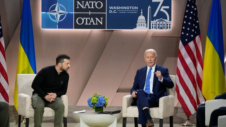 President Joe Biden, right, speaks during a meeting with Ukraine's...