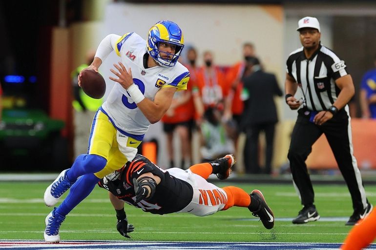 Los Angeles, California, USA. 13th Feb, 2022. Los Angeles Rams defensive  tackle Aaron Donald (99) celebrates his game winning sack at the NFL Super  Bowl 56 LVI football game between the Los