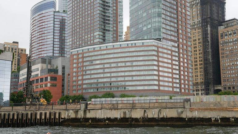 Lewis Pugh swims along the edge of lower Manhattan in...