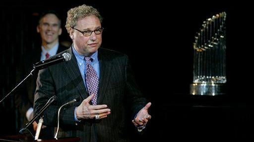 Randy Levine speaks during an exhibition ceremony for the Yankees'...