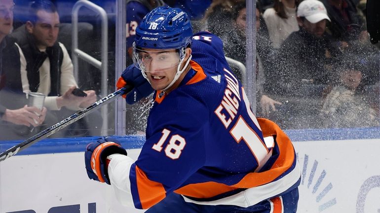 Pierre Engvall of the New York Islanders skates against the...