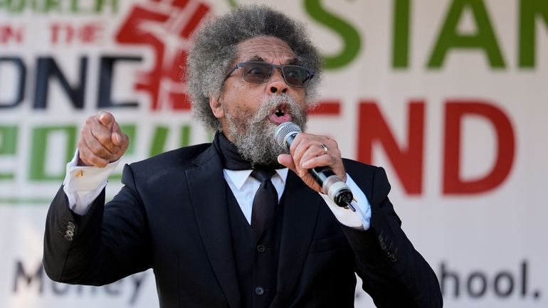 Progressive activist Cornel West speaks during a demonstration prior to...