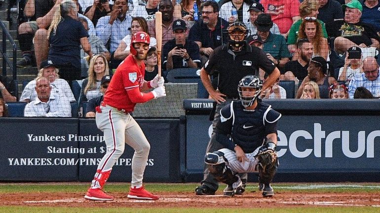 Bryce Harper of the Phillies bats in the third inning...