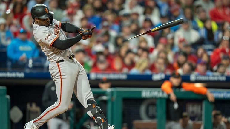 San Francisco Giants' Jorge Soler breaks his bat as he...