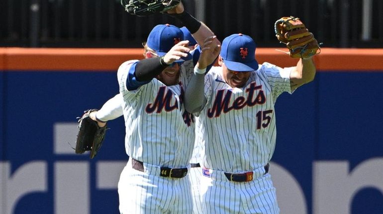 Mets centerfielder Harrison Bader, leftfielder Brandon Nimmo and rightfielder Tyrone...