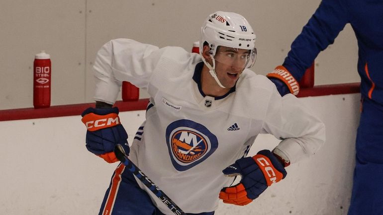 Pierre Engvall during Islanders' training camp at their practice facility...