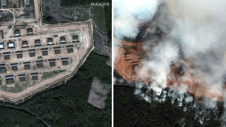 This combo picture shows two satellite images of an ammunition...