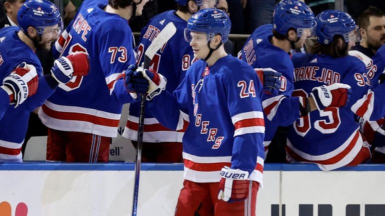 Kaapo Kakko of the Rangers celebrates his second-period goal against the Stars...