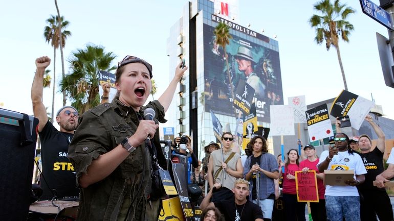 SAG-AFTRA captain Mary M. Flynn rallies fellow striking actors on...