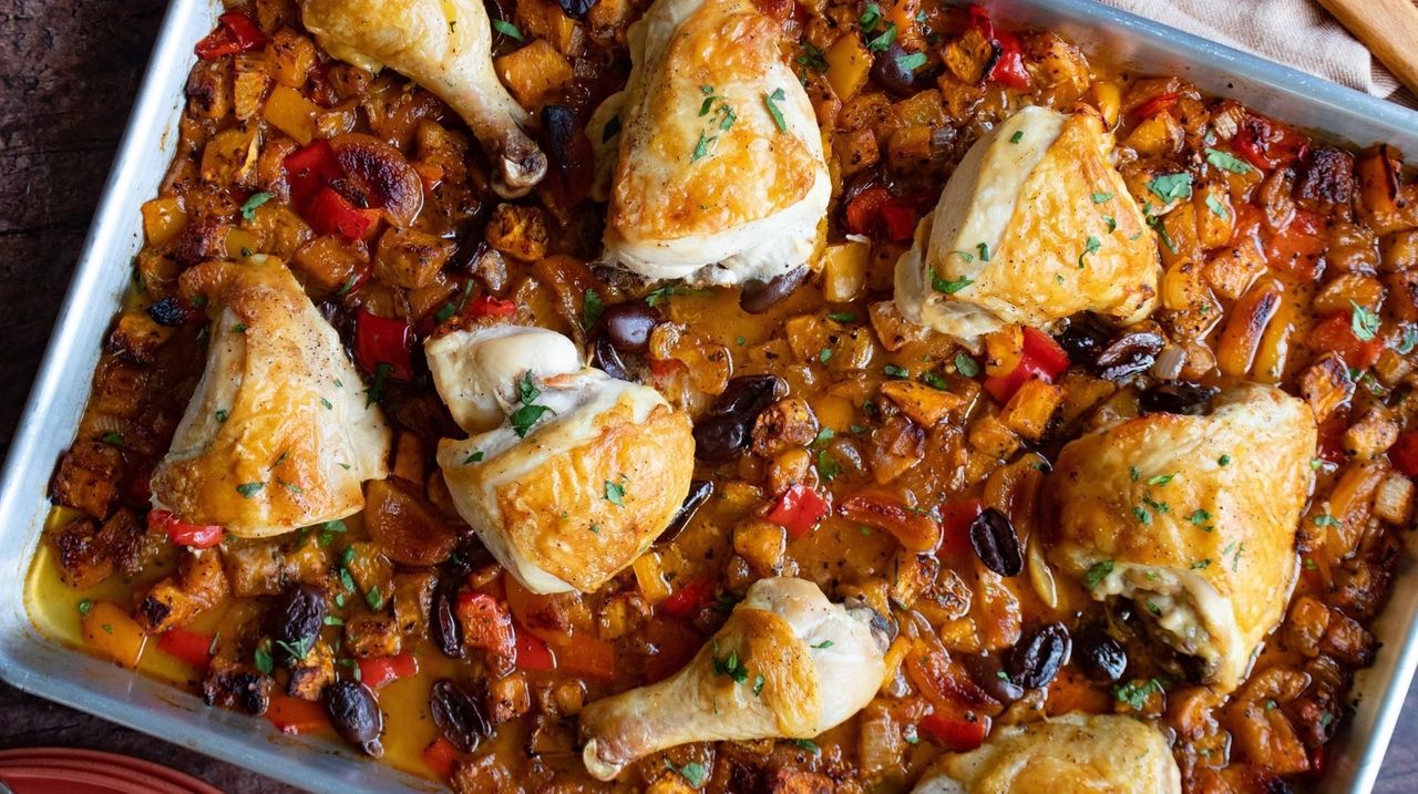 Sheet pan chicken recipe with eggplant, apricots Newsday