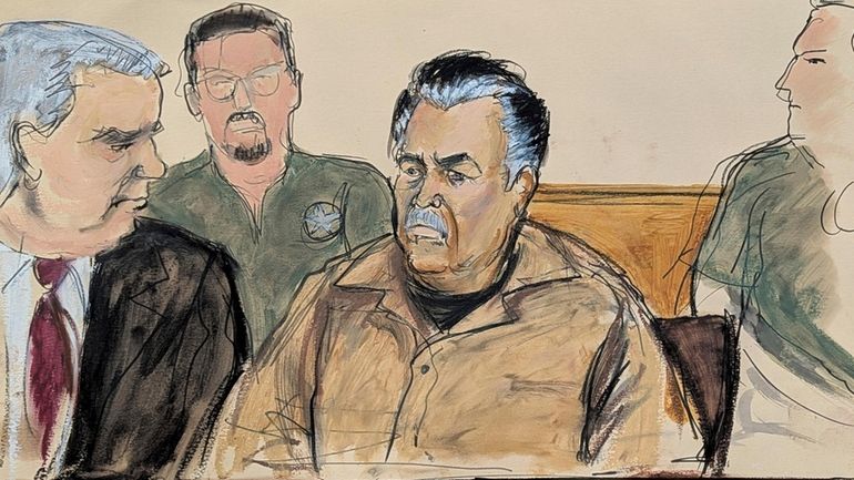 In this courtroom sketch, Ismael Zambada Garcia, El Mayo, center,...