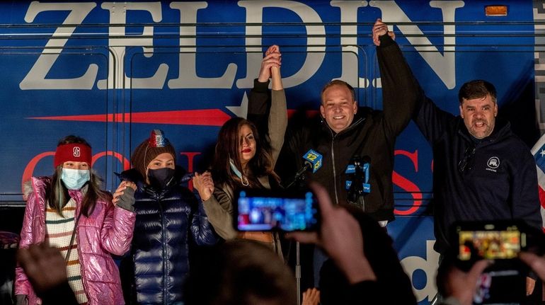 Rep. Lee Zeldin addresses a crowd of supporters after reelection...