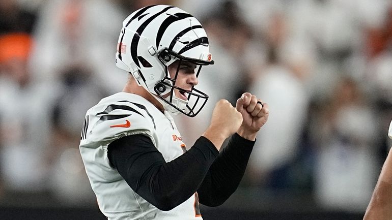 Cincinnati Bengals kicker Evan McPherson celebrates after making a 54-yard...