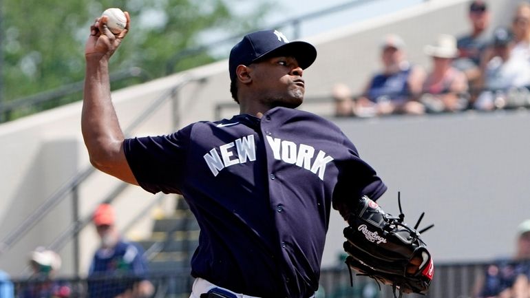 The Yankees' Luis Severino pitches against the Tigers in the...