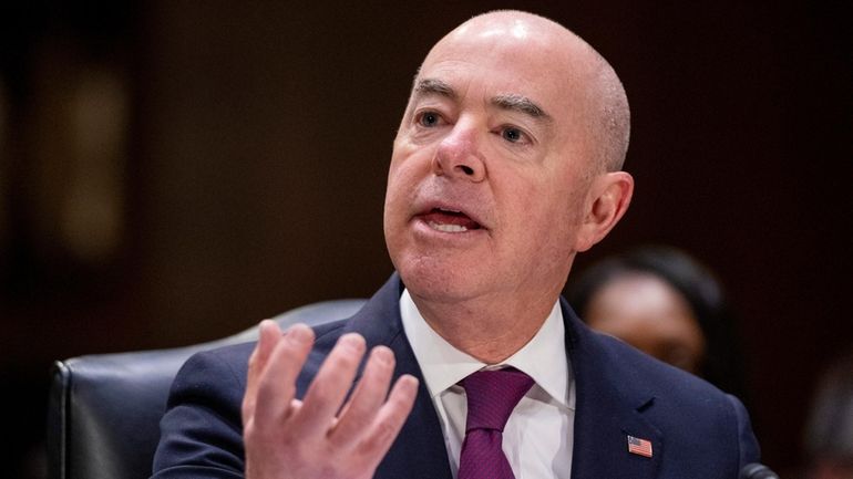 Homeland Security Secretary Alejandro Mayorkas testifies during a hearing of...