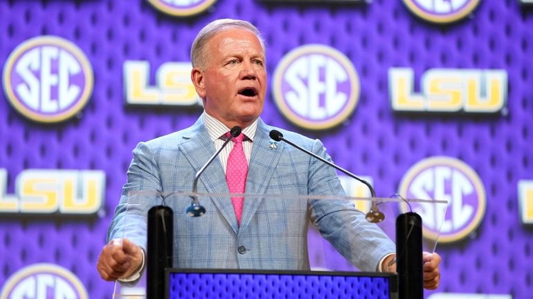 LSU head coach Brian Kelly speaks during Southeastern Conference NCAA...