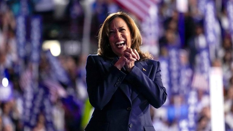 Democratic presidential nominee Vice President Kamala Harris appears on stage...