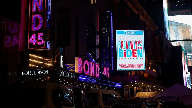 A marquee promoting a fundraiser with President Joe Biden is...