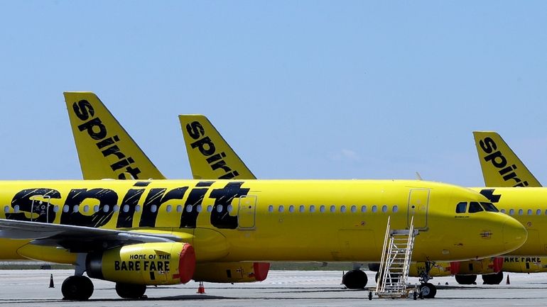 A line of Spirit Airlines jets sit on the tarmac...