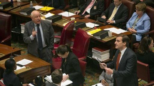 Sen. Kenneth LaValle (R-Mount Sinai) at left resisted a motion...