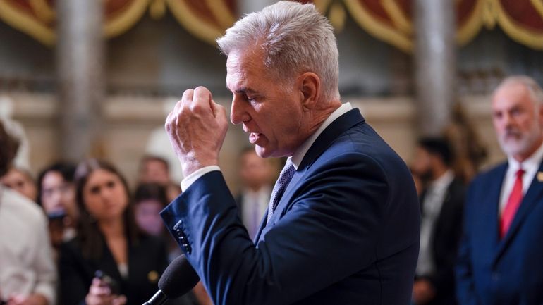 House Speaker Kevin McCarthy, R-Calif., talks to reporters just after...