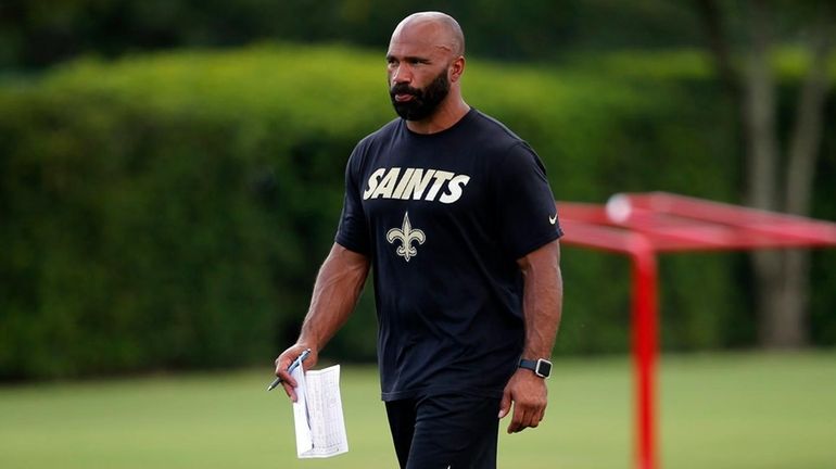 Saints running backs coach Joel Thomas during practice in Metairie,...