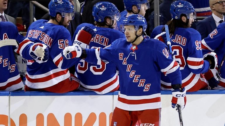 Artemi Panarin #10 of the Rangers celebrates his second period goal...