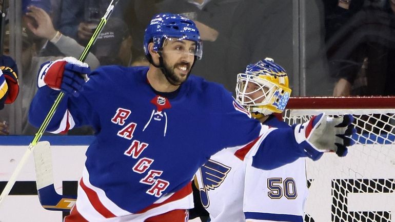 Vincent Trocheck #16 of the New York Rangers celebrates a...