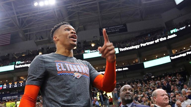 Oklahoma City Thunder's Russell Westbrook gets into a heated verbal...