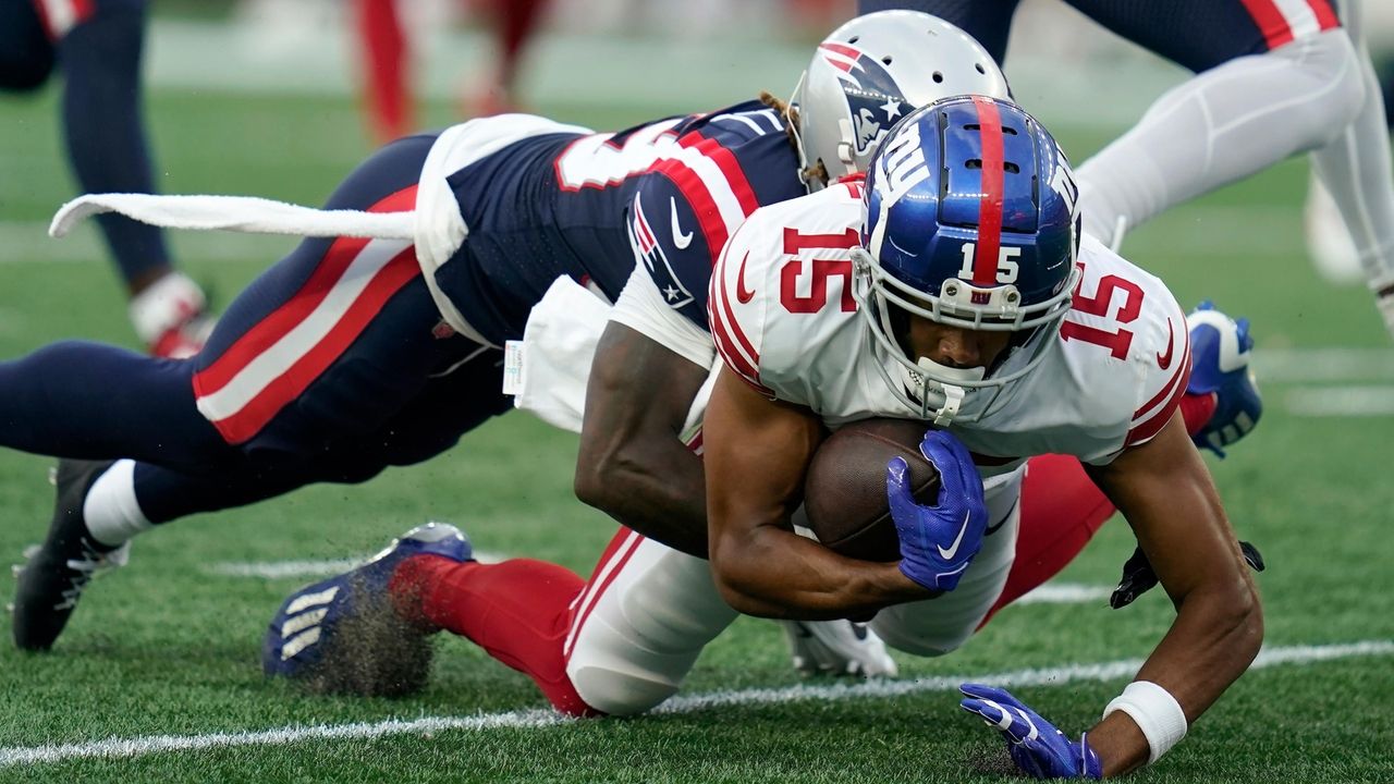 New York Giants wide receiver Collin Johnson celebrates after a