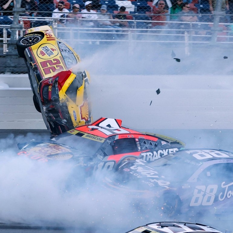 NASCAR race at Talladega stopped after Joey Logano's car goes airborne ...