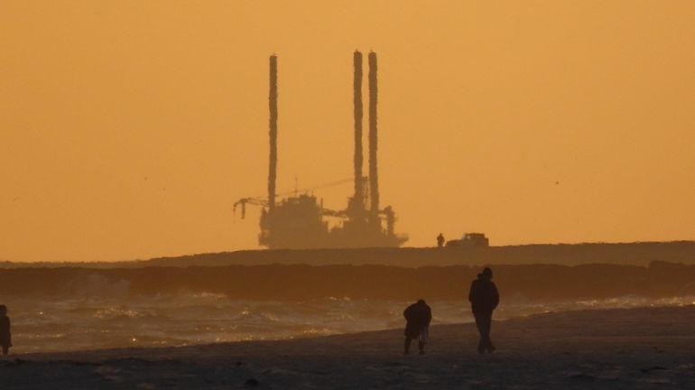 A self-elevating barge off Smith Point, as seen from Moriches...