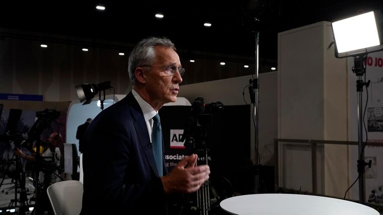 NATO Secretary-General Jens Stoltenberg speaks to The Associated Press at...