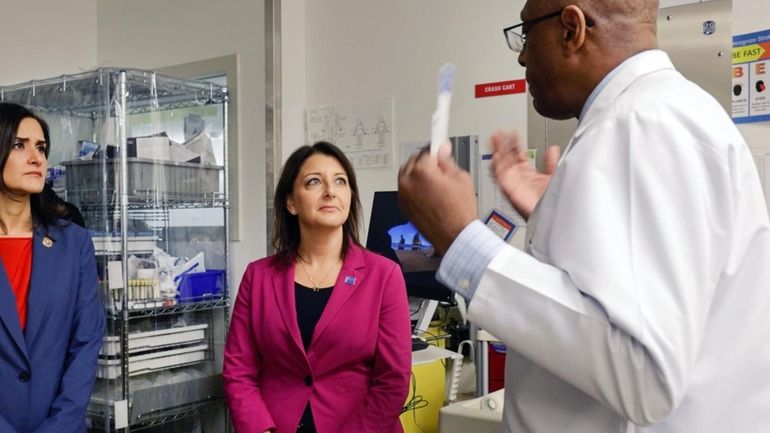 CDC Director Dr. Mandy Cohen, center, toured Nassau University Medical Center on...