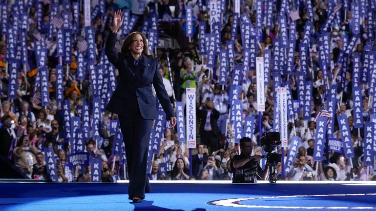 Democratic presidential nominee Vice President Kamala Harris arrives to speak...