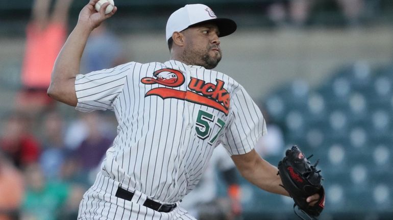 Ducks Relief Pitcher Francisco Rodriguez #57 pitching in the 9th...