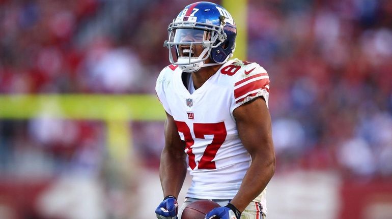 Sterling Shepard of the Giants reacts after a play against...