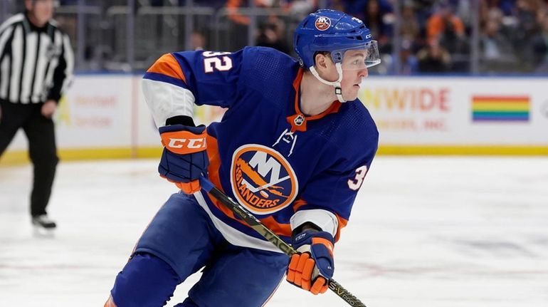 Kyle MacLean of the Islanders skates against the Golden Knights at...