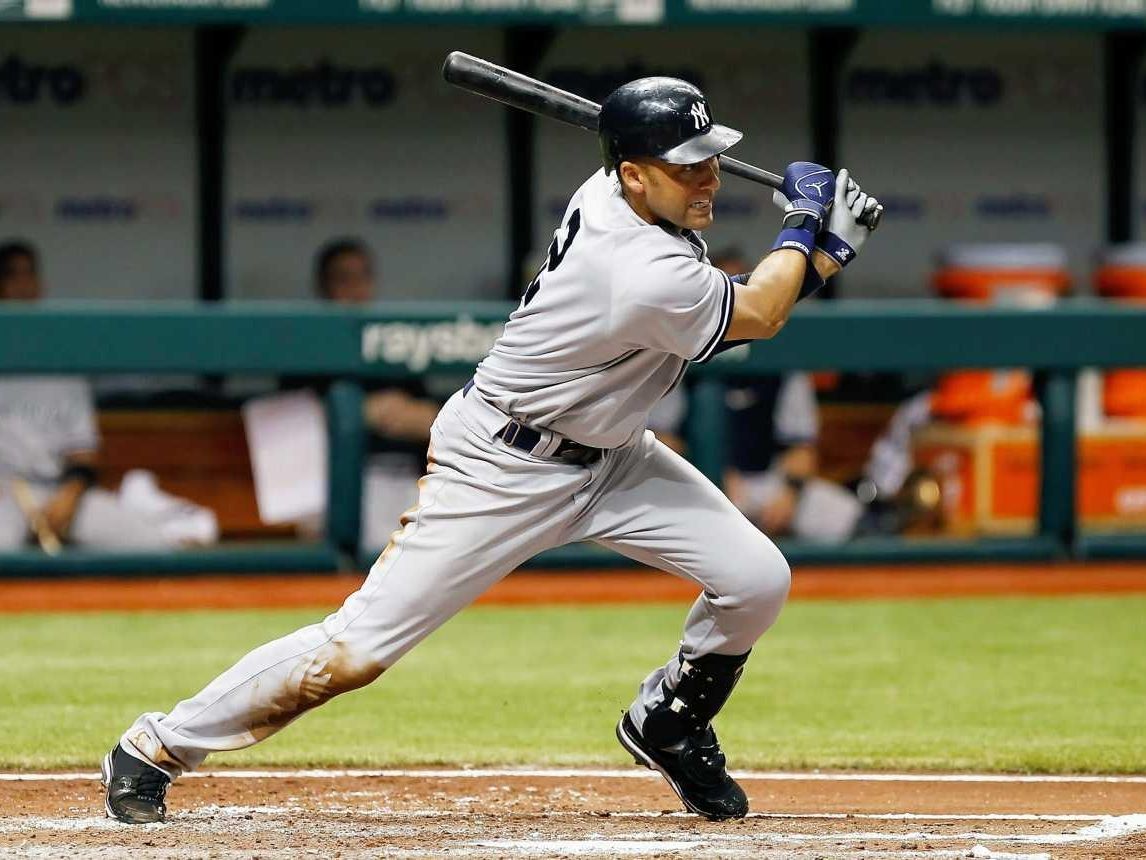 Derek Jeter #2 of the New York Yankees bats against the Tampa Bay