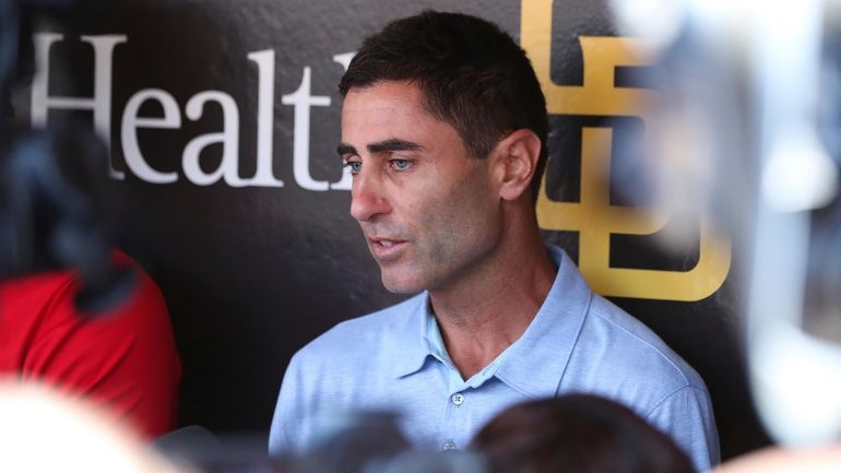 Padres general manager A.J. Preller speaks with the media on Aug....