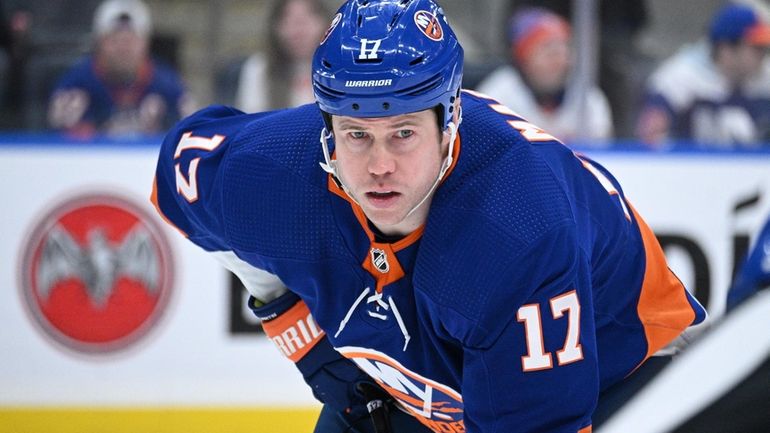 New York Islanders left wing Matt Martin sets before a...