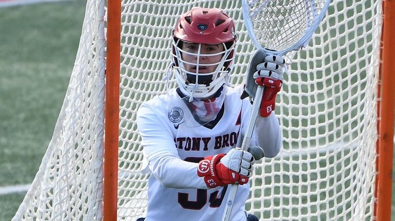 Stony Brook goalkeeper Anthony Palma protects the net against Bryant...